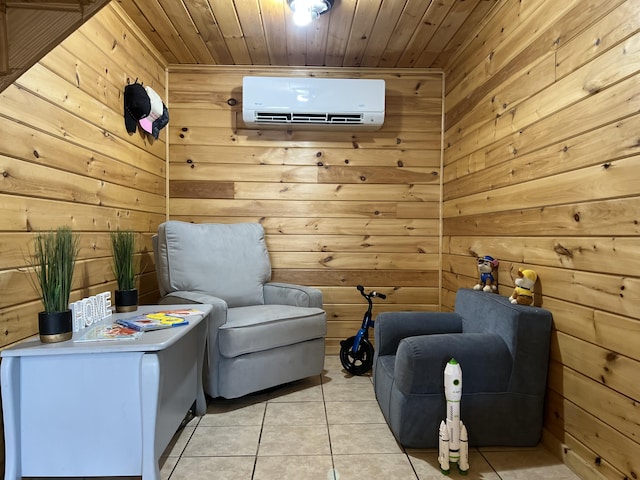 living area featuring wooden walls, wood ceiling, a wall unit AC, and light tile patterned floors