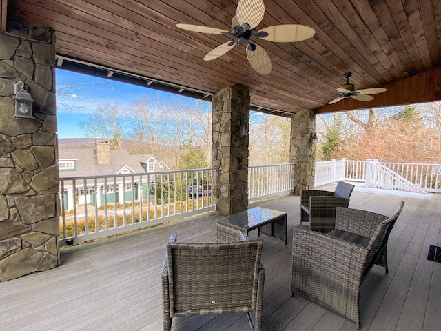 2135 Laurel Rd, Buck Hill Falls, PA 18323 - wooden deck featuring a ceiling fan and an outdoor hangout area