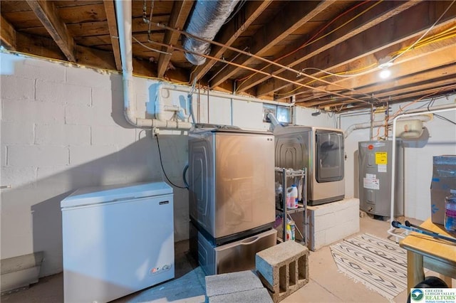 7112 Howell Ter, Stroudsburg, PA 18360 - unfinished below grade area featuring white refrigerator, electric water heater, and washer and dryer