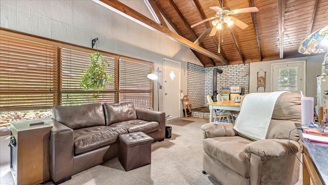 2125 Sassafras Ln, Kunkletown, PA 18058 - carpeted living area with a wood ceiling with exposed beams, a ceiling fan, a wood stove, and high vaulted ceiling