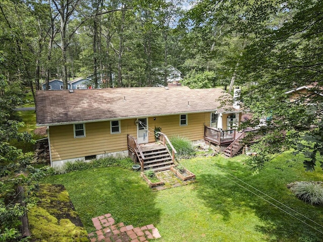 2125 Sassafras Ln, Kunkletown, PA 18058 - rear view of house with stairs, a yard, a wooden deck, and a chimney
