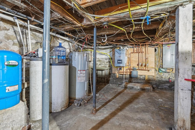 unfinished below grade area featuring electric panel and water heater