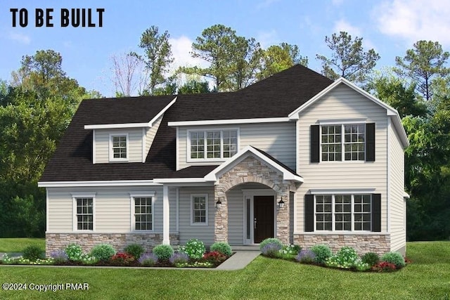 view of front of home featuring stone siding and a front lawn