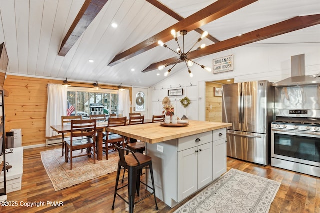 kitchen featuring appliances with stainless steel finishes, butcher block counters, white cabinetry, a kitchen island, and wall chimney exhaust hood