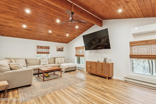 living room with a wall mounted AC, wooden ceiling, light wood finished floors, ceiling fan, and vaulted ceiling with beams