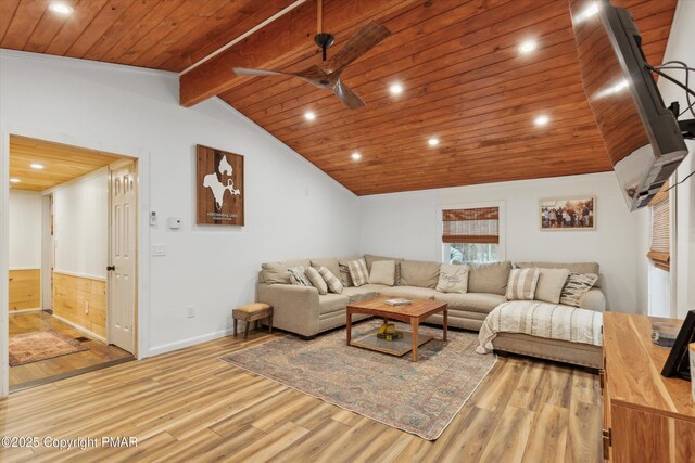 living room featuring a ceiling fan, wood finished floors, recessed lighting, wooden ceiling, and vaulted ceiling with beams