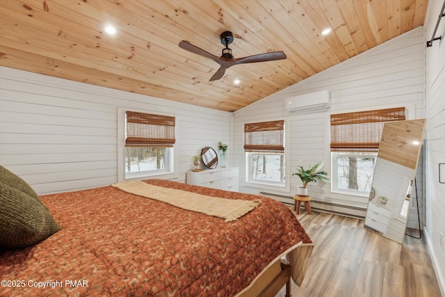 bedroom featuring vaulted ceiling, wooden ceiling, a wall unit AC, hardwood / wood-style flooring, and a baseboard heating unit