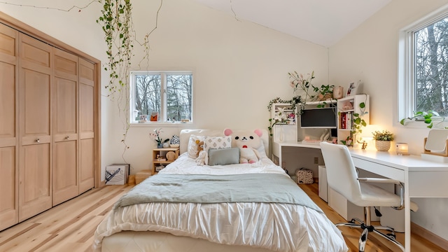 bedroom featuring vaulted ceiling, light wood-type flooring, and a closet