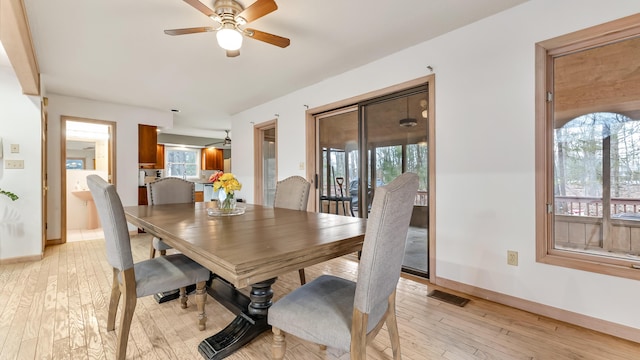 dining room featuring visible vents, baseboards, a healthy amount of sunlight, and light wood finished floors