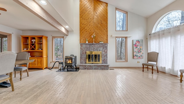 living area with a healthy amount of sunlight, a wood stove, baseboards, and wood finished floors