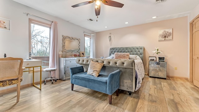 bedroom with visible vents, baseboards, light wood-type flooring, recessed lighting, and a ceiling fan