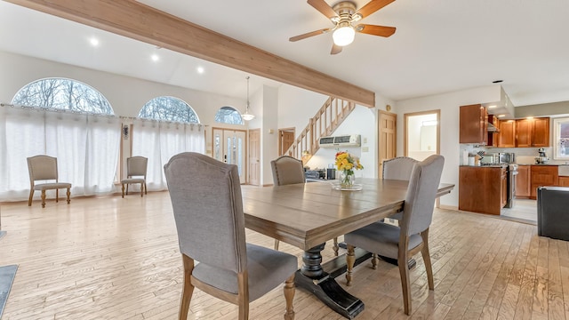 dining space featuring stairway, light wood-type flooring, beam ceiling, recessed lighting, and a ceiling fan