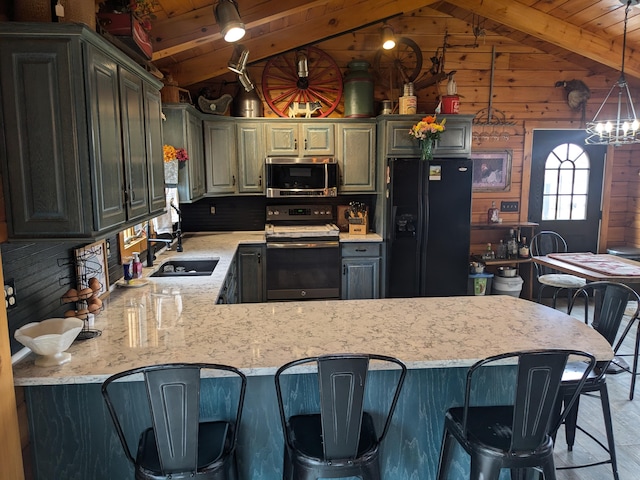 kitchen with electric stove, lofted ceiling with beams, black refrigerator with ice dispenser, and stainless steel microwave