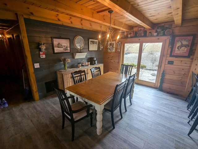 dining room featuring wood walls, a chandelier, hardwood / wood-style floors, and wooden ceiling