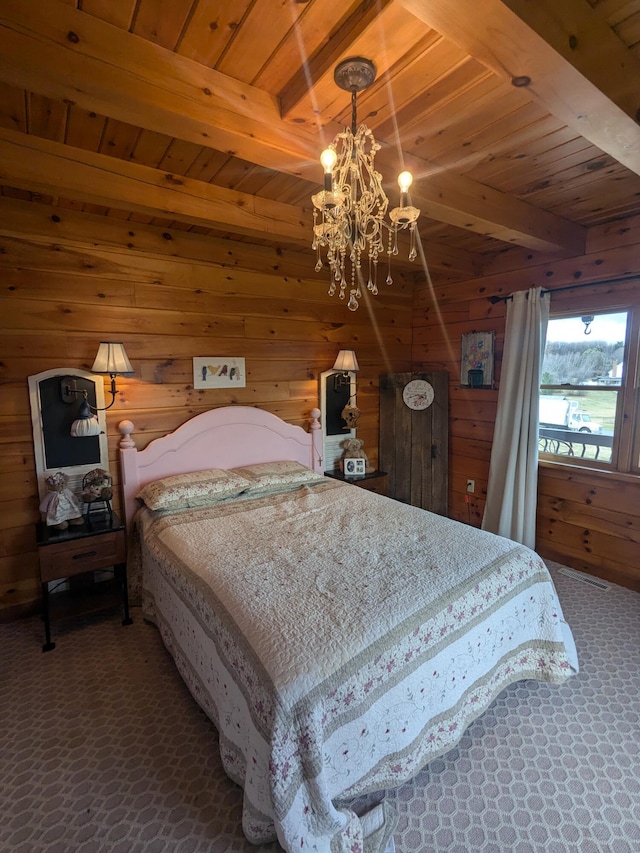 bedroom with beamed ceiling, carpet floors, wooden ceiling, wooden walls, and a notable chandelier