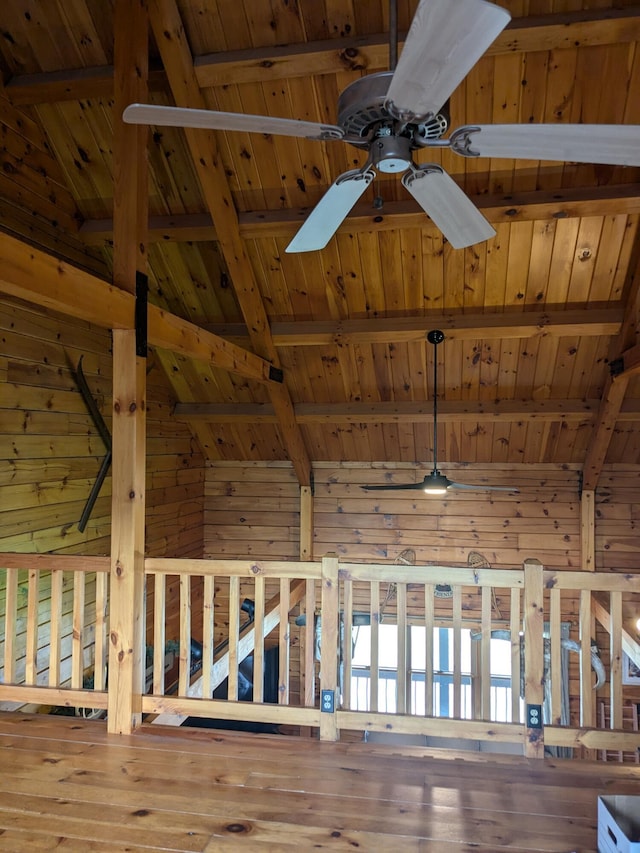 interior space with wooden ceiling, ceiling fan, wood walls, and wood finished floors