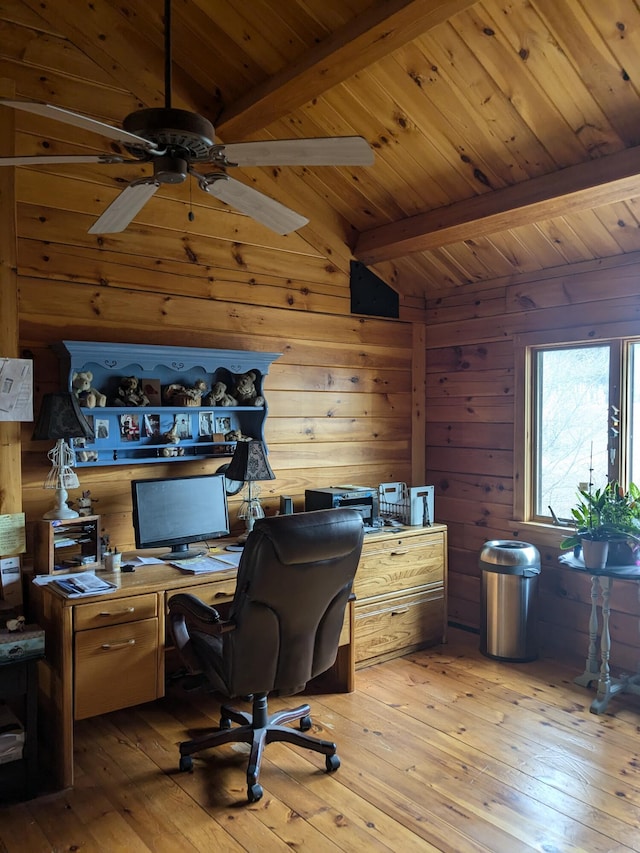 office with beam ceiling, ceiling fan, wooden walls, and light wood-style flooring