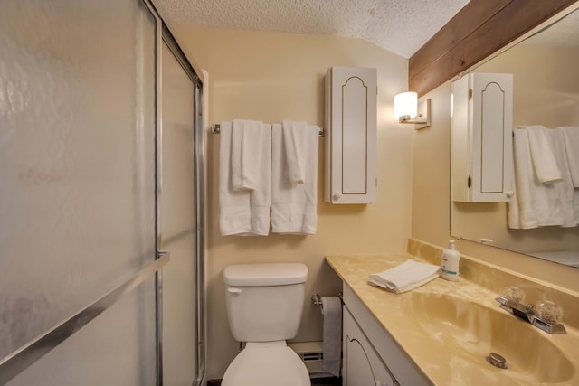 168 Upper Village Way, Tannersville, PA 18372 - full bath featuring a shower with door, a textured ceiling, vanity, toilet, and lofted ceiling