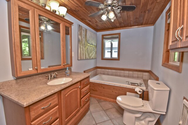 2115 Upper Smith Gap Rd, Saylorsburg, PA 18353 - full bathroom featuring a ceiling fan, a garden tub, vanity, tile patterned flooring, and wooden ceiling