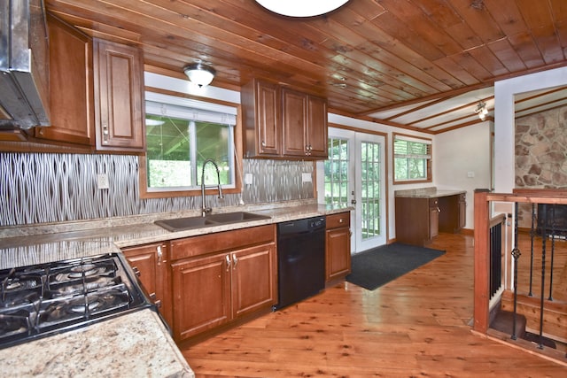 2115 Upper Smith Gap Rd, Saylorsburg, PA 18353 - kitchen with black dishwasher, light wood-type flooring, gas range oven, healthy amount of natural light, and wooden ceiling