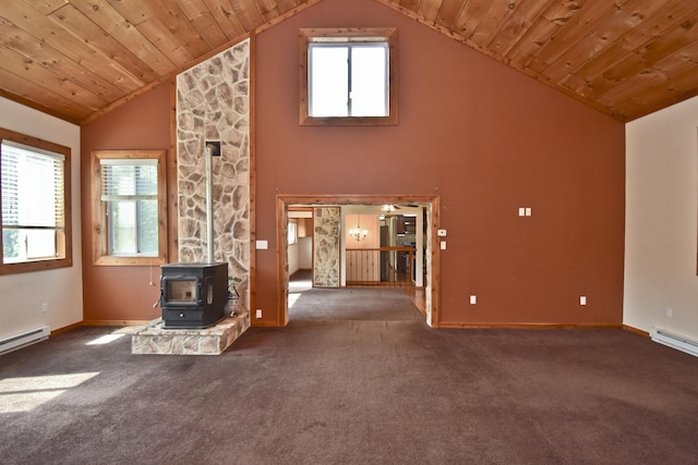2115 Upper Smith Gap Rd, Saylorsburg, PA 18353 - unfurnished living room featuring a wood stove, carpet floors, wooden ceiling, plenty of natural light, and high vaulted ceiling