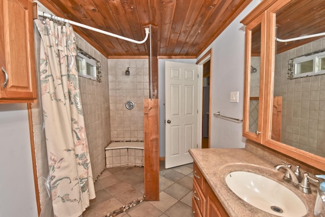 2115 Upper Smith Gap Rd, Saylorsburg, PA 18353 - full bath featuring wood ceiling, vanity, and tiled shower / bath