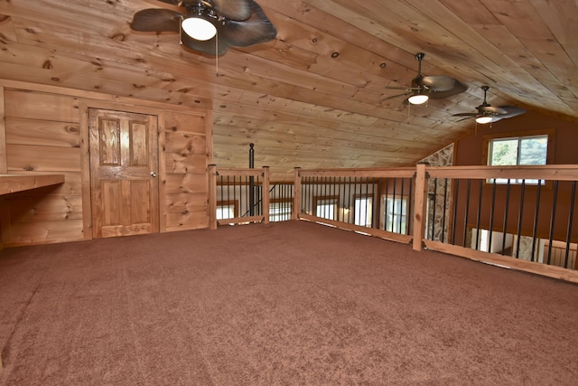 2115 Upper Smith Gap Rd, Saylorsburg, PA 18353 - additional living space with ceiling fan, carpet, lofted ceiling, and wood ceiling