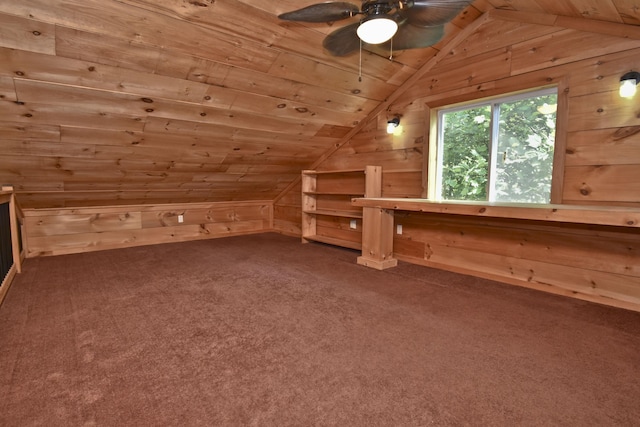 2115 Upper Smith Gap Rd, Saylorsburg, PA 18353 - bonus room featuring wood walls, vaulted ceiling, carpet, a ceiling fan, and wooden ceiling