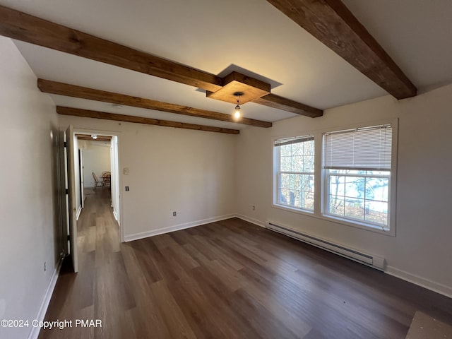 unfurnished room featuring a baseboard radiator, dark wood finished floors, and baseboards