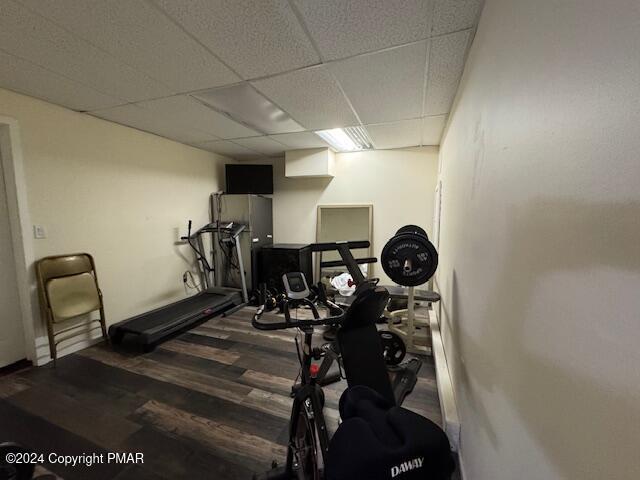 workout room featuring wood finished floors and a paneled ceiling