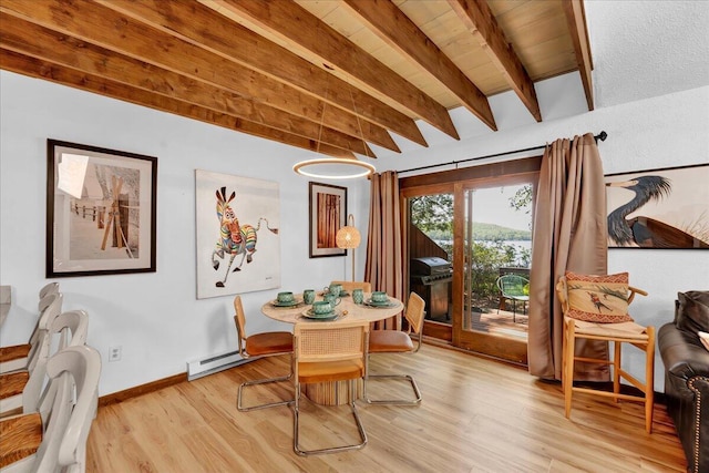 99 Ruffed Grouse Ct, Lake Harmony, PA 18624 - dining area with a baseboard radiator, wood finished floors, and a wood ceiling with exposed beams