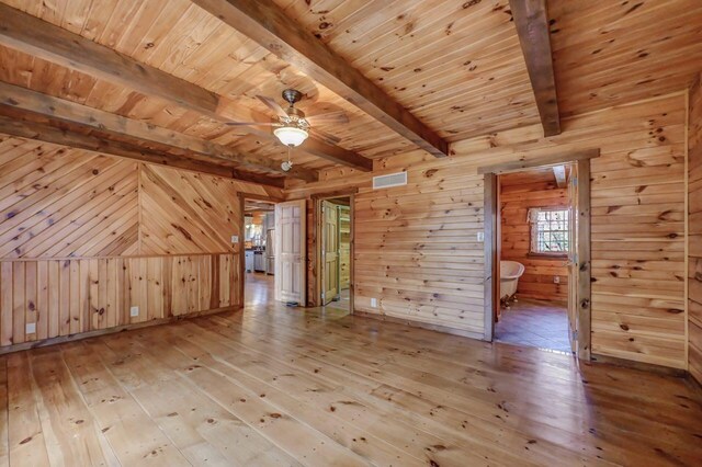 14 E Point Rd, Albrightsville, PA 18210 - bonus room with beamed ceiling, hardwood / wood-style floors, wooden walls, wooden ceiling, and ceiling fan