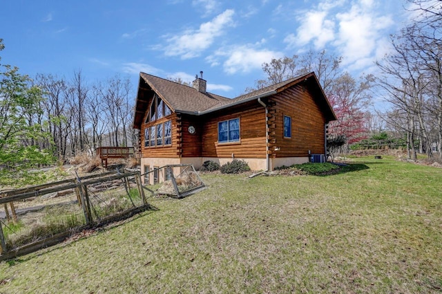 14 E Point Rd, Albrightsville, PA 18210 - view of side of property with log siding, a chimney, a yard, and central air condition unit