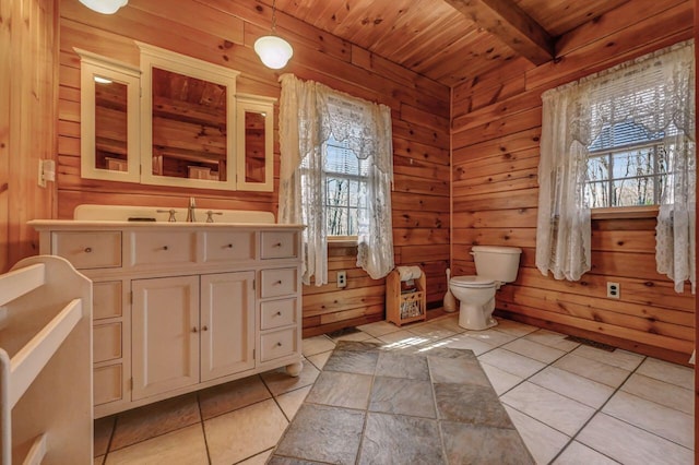 14 E Point Rd, Albrightsville, PA 18210 - bathroom featuring wood ceiling, wood walls, tile patterned flooring, toilet, and vanity