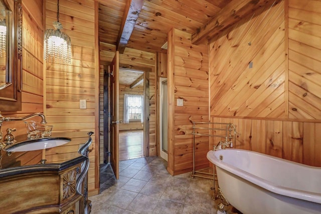 14 E Point Rd, Albrightsville, PA 18210 - bathroom with wooden walls, wooden ceiling, beam ceiling, a freestanding bath, and vanity