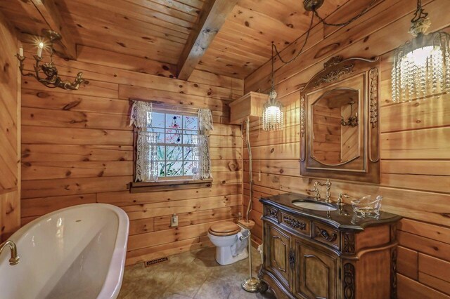 14 E Point Rd, Albrightsville, PA 18210 - bathroom with wooden walls, wooden ceiling, a freestanding tub, toilet, and vanity