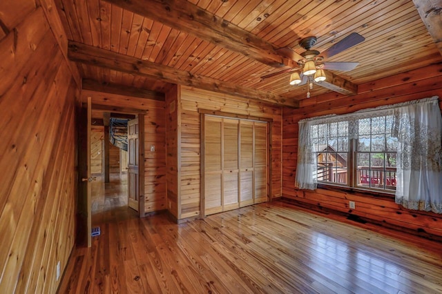 14 E Point Rd, Albrightsville, PA 18210 - unfurnished bedroom featuring wooden ceiling, beamed ceiling, hardwood / wood-style floors, wood walls, and a closet