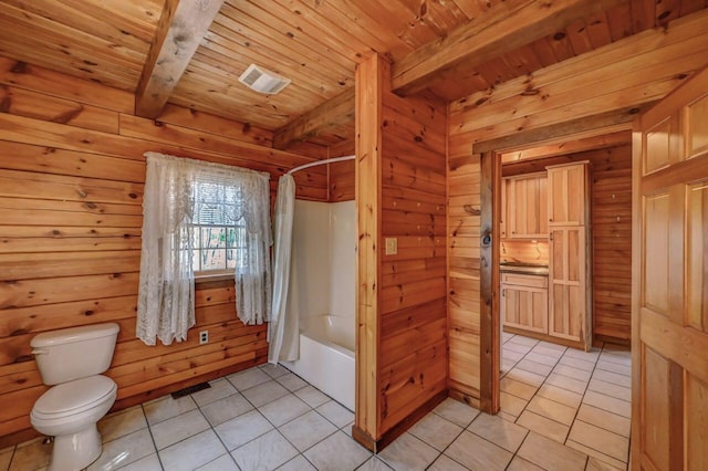 14 E Point Rd, Albrightsville, PA 18210 - bathroom with beam ceiling, wooden ceiling, toilet, tile patterned floors, and shower / tub combo with curtain