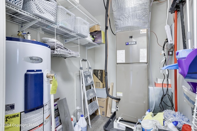 utility room featuring heating unit and water heater