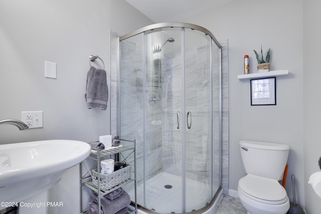 bathroom featuring toilet, a shower stall, and a sink