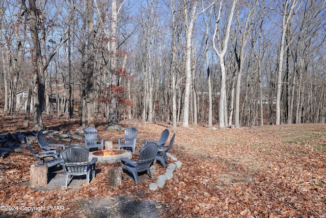 view of yard featuring an outdoor fire pit and a view of trees