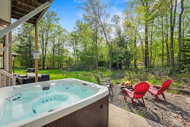 392 Hemlock Dr, Tobyhanna, PA 18466 - view of patio with a fire pit and a hot tub