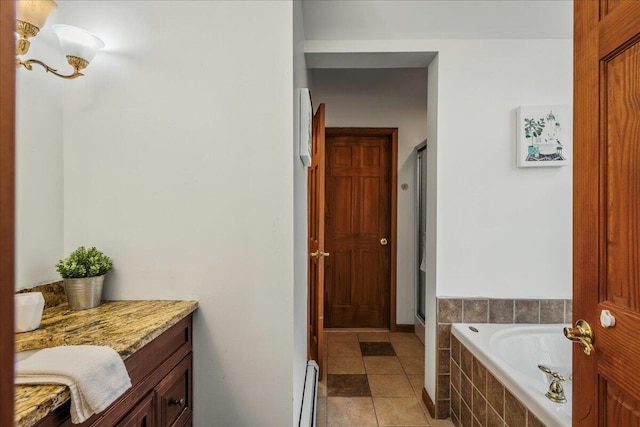 392 Hemlock Dr, Tobyhanna, PA 18466 - bathroom with a shower stall, a bath, vanity, and tile patterned flooring