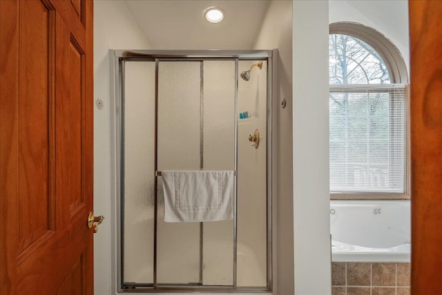 392 Hemlock Dr, Tobyhanna, PA 18466 - bathroom featuring a shower stall, a bath, and recessed lighting