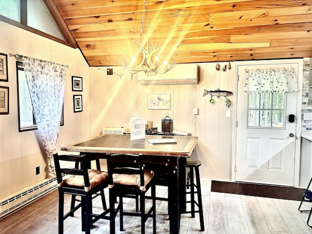 256 Partridge Dr, Pocono Lake, PA 18347 - dining area with wood ceiling, light wood finished floors, baseboard heating, a chandelier, and a wall mounted air conditioner