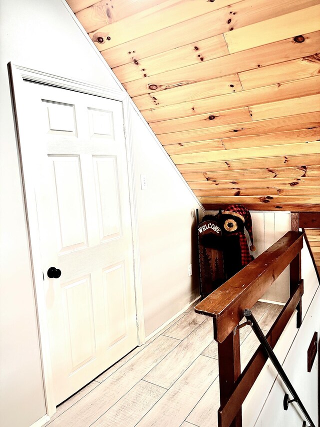 256 Partridge Dr, Pocono Lake, PA 18347 - staircase with vaulted ceiling, wood ceiling, and wood finished floors