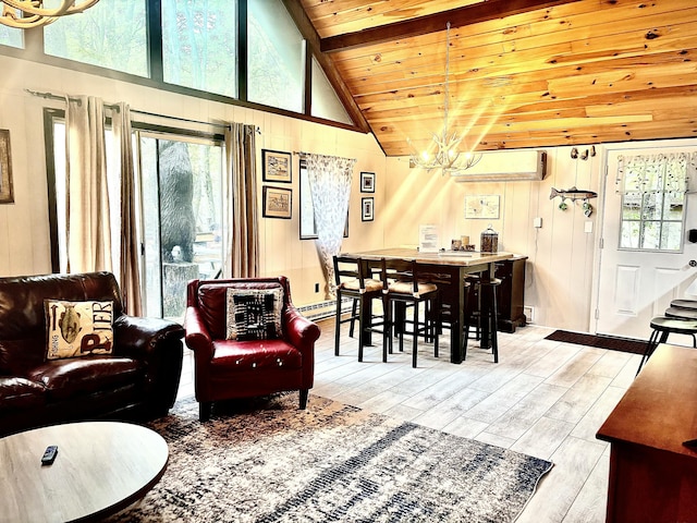 256 Partridge Dr, Pocono Lake, PA 18347 - dining area featuring a chandelier, healthy amount of natural light, light wood-style floors, wooden ceiling with exposed beams, and high vaulted ceiling