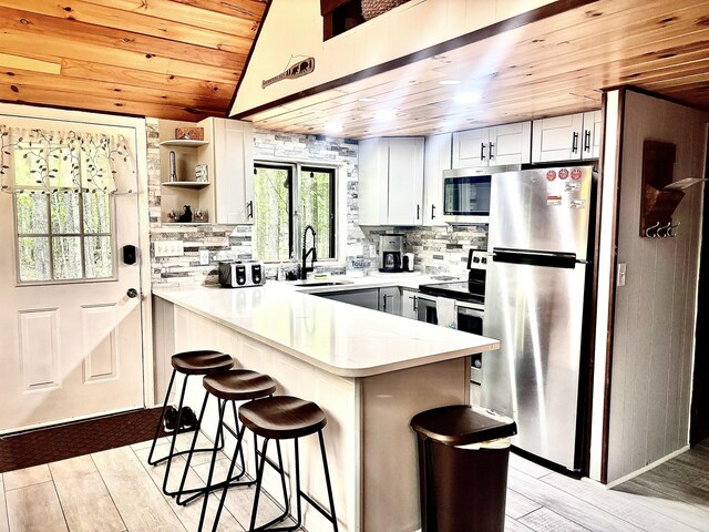 256 Partridge Dr, Pocono Lake, PA 18347 - kitchen featuring appliances with stainless steel finishes, wood ceiling, a sink, a peninsula, and light wood-style flooring