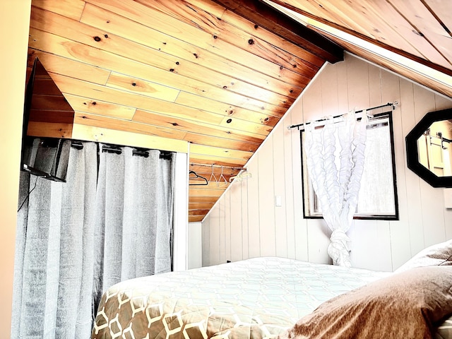 256 Partridge Dr, Pocono Lake, PA 18347 - bedroom with wooden ceiling, lofted ceiling, and wooden walls