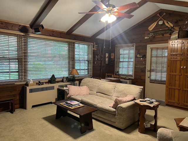 40 Crest Dr, Lake Harmony, PA 18624 - living room with plenty of natural light, a ceiling fan, carpet floors, and wood walls
